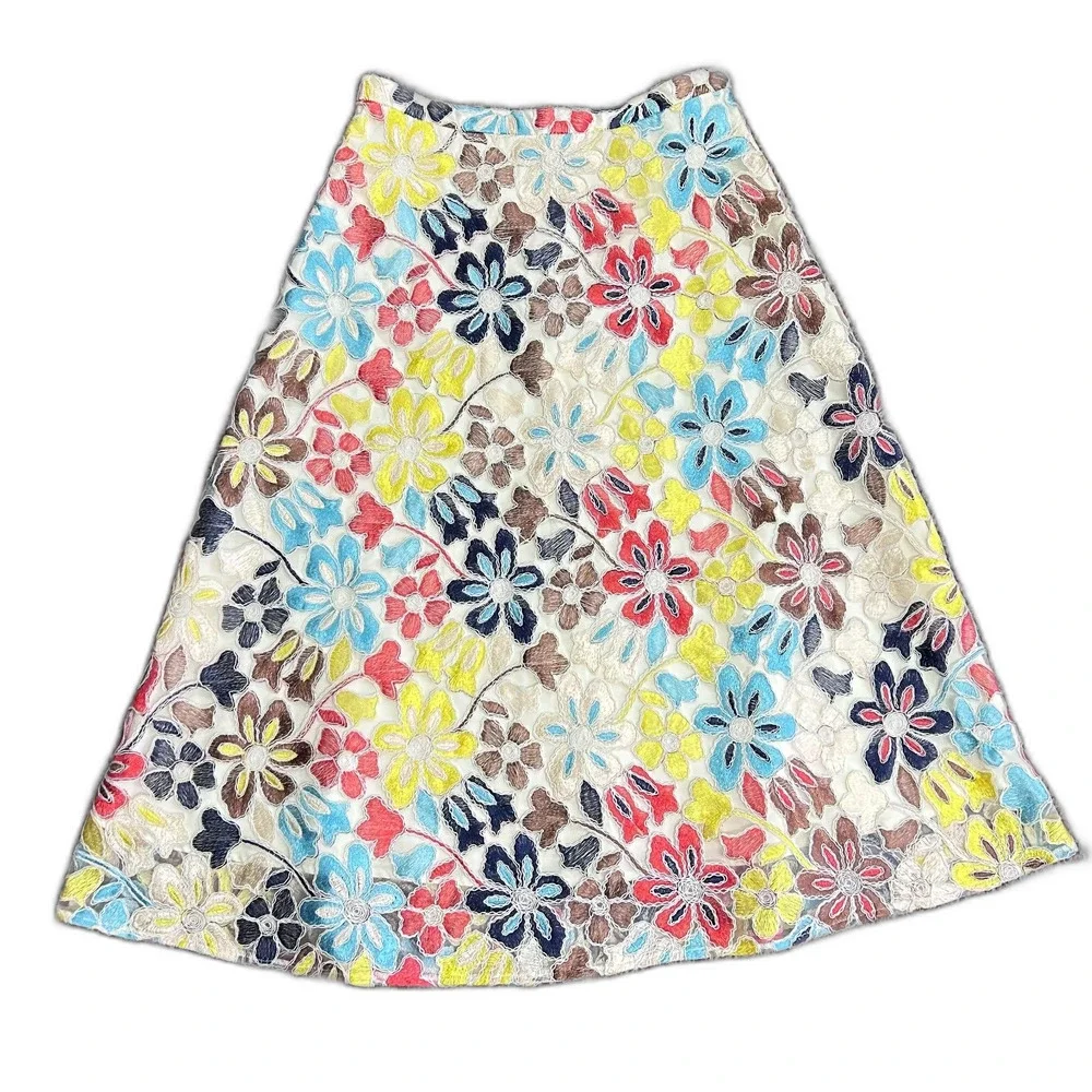 Eva Franco Anthropologie Women's Colorful Floral Embroidered Midi Skirt Size 10